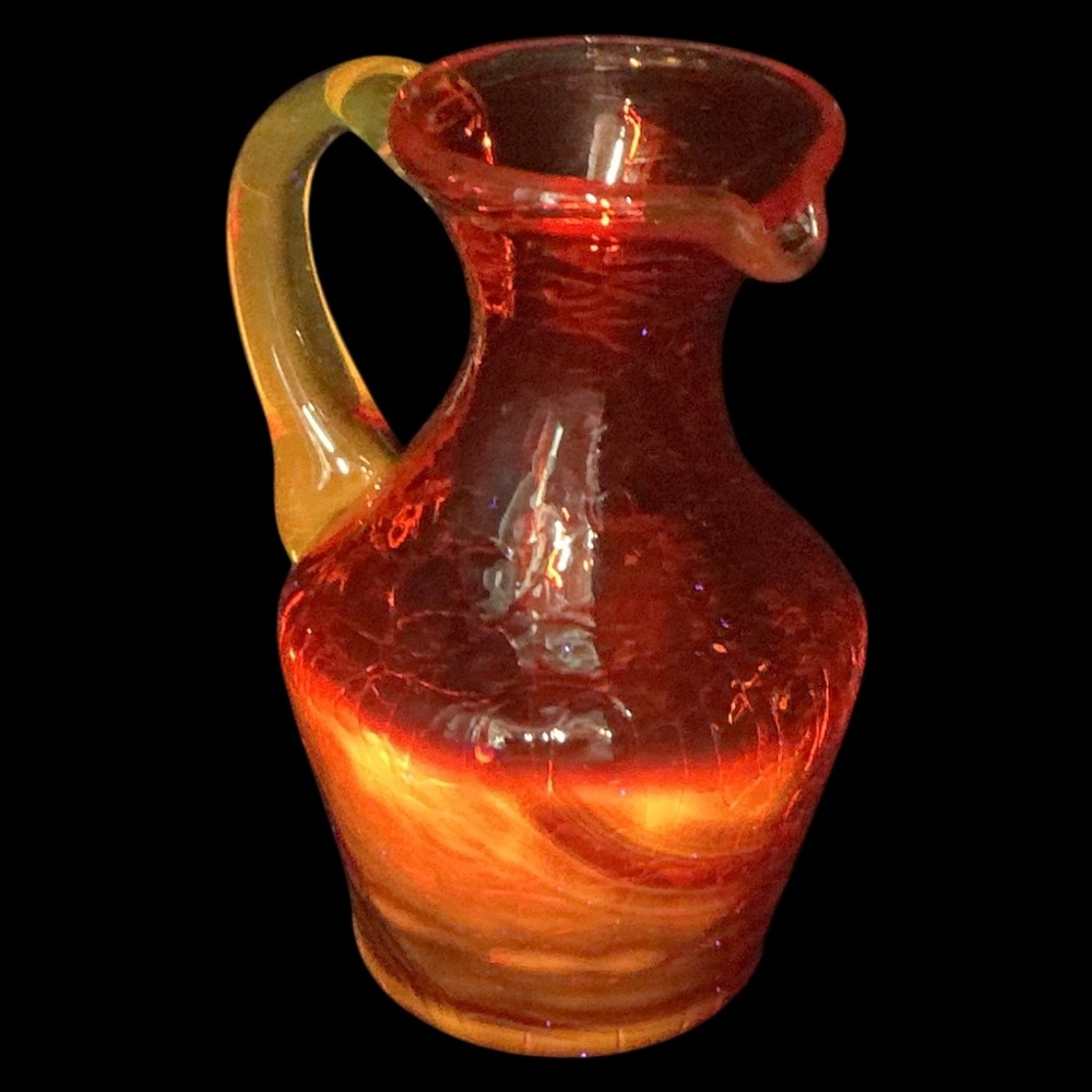 Amberina Art Glass Mini Pitcher Creamer Crackle‎ Applied Handle Cadmium Glow